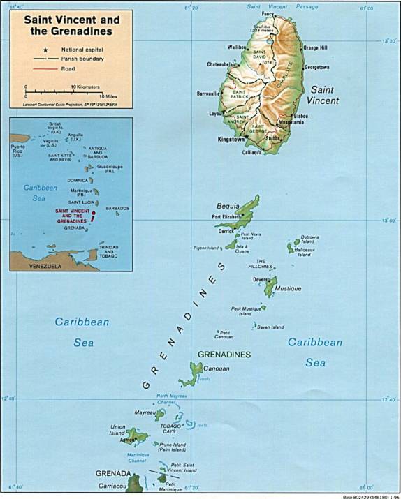 O mapa da ilha de São Vicente e Granadinas. Nós chegamos na ilha principal e seguimos logo para Bequia